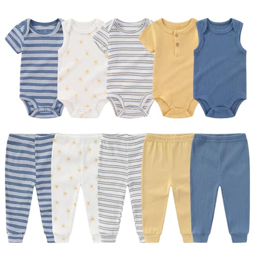 MAMIMAKA Newborn Baby Layette Gift Set 10-Piece Baby Boy Girl Short Sleeve Bodysuits with Pants Infant Outfit Essentials