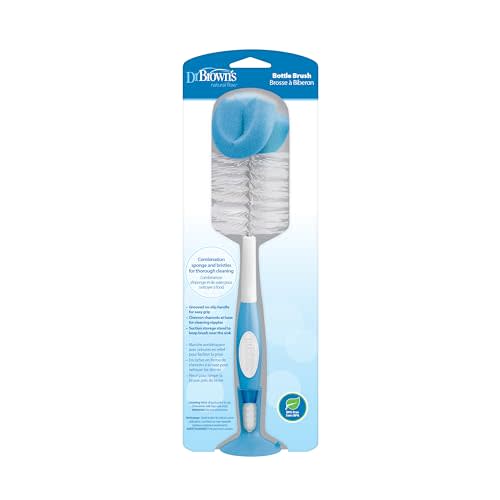 Dr. Brown's Reusable Sponge Baby Bottle Cleaning Brush with Suction Cup Stand, Scrubber and Nipple Cleaner, Blue 1-Pack