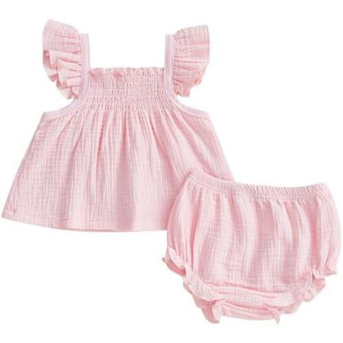 Mubineo Baby Girl Summer Clothes Cute Basic Plain Cotton Linen Ruffle Tops Dress Shorts Outfits Set Shirt Princess Outfit