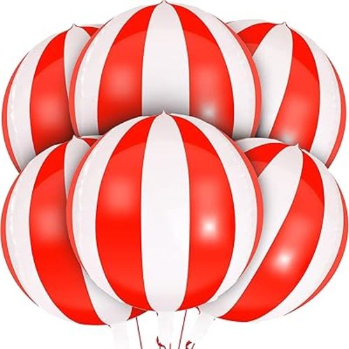 6pcs 22" Carnival Balloon Circus Balloons Red White Striped 4D Balloons for Carnival Theme Party Circus Party Decorations Christmas Decor Movie Night Party Baby Shower Party Decor