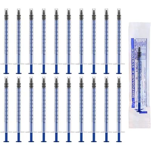 50Pack 1ml Syringe Sterile Individual Wrap, Plastic Syringes Disposable Syringe Blue Plunger for Science Labs Colostrum Collector Glue Applicator Feeding Pets Refilling Measuring Liquids