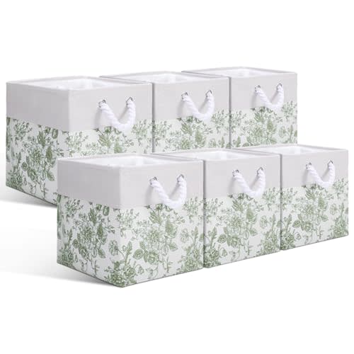 LemonRoad 6 Pcs Sage Green Cube Storage Bins 11.22 Inch Square Storage Basket with Handle Preppy Girl Organizer Basket Collapsible Fabric Box for Classroom Bedroom Office Home Decoration Gift