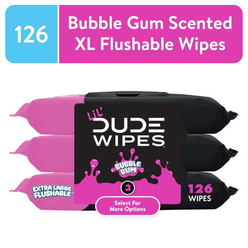 LiL' DUDE Wipes, Extra Large Bubble Bum Flushable Wet Wipes for Kids, Bubble Gum Scent, 126 Count, 3 Pack (Select for More Options)