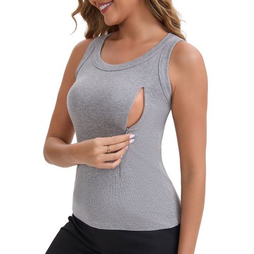 Women's Zippers Nursing Relaxed Fit Tank Wide Straps U-Neck Long Postpartum Vest