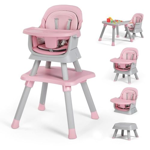 Kinder King 8 in 1 Baby High Chair, Coverts to Dining Booster Seat/Kids Table & Chair Set/Toddler Building Block Table/Kids Stool, Removable Tray & Double Seat Cover, Easy to Wipe, Grey & Pink