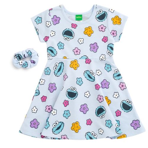 Sesame Street Cookie Monster Infant Baby Girls French Terry Skater Dress and Scrunchie Cookie Monster Blue 12 Months