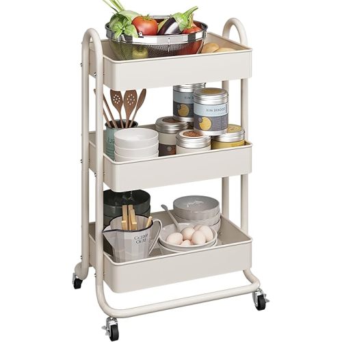 MIOCASA 3-Tier Metal Utility Rolling Cart, Heavy Duty Multifunction Cart with Lockable Casters, Easy to Assemble, Suitable for Office, Bathroom, Kitchen, Garden