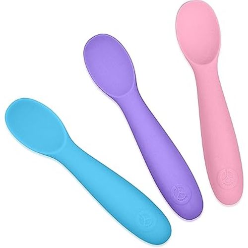 WeeSprout Baby Spoons for Self Feeding 6 Months +, Soft & Durable Silicone Utensils for Sensitive Gums & Teeth, Easy Grip Handles & Shorter Length for Little Hands, 3 Pack + Carrying Case