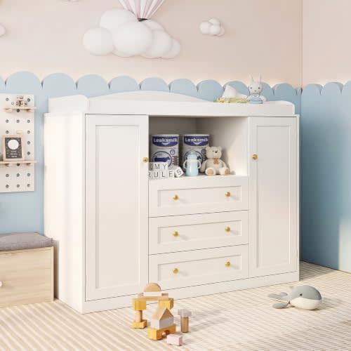 White Changing Table Baby Dresser with Changing Table Top,47'' Wide Kids Nursery Dresser with Drawers,Cabinets,Clothes Rack,Open Storage Space,Multi-Functional Wood Diaper Changing Station