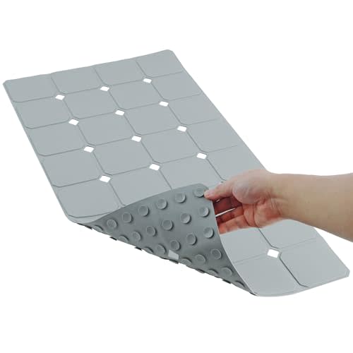 Bathtub Mat Non Slip 15" x 28" Silicone Foldable Tub Mat with Strong Suction Cups & Large Drain Holes, Durable & Eco-Friendly, for Smooth Surfaces, Ideal for Seniors, Adults Grey
