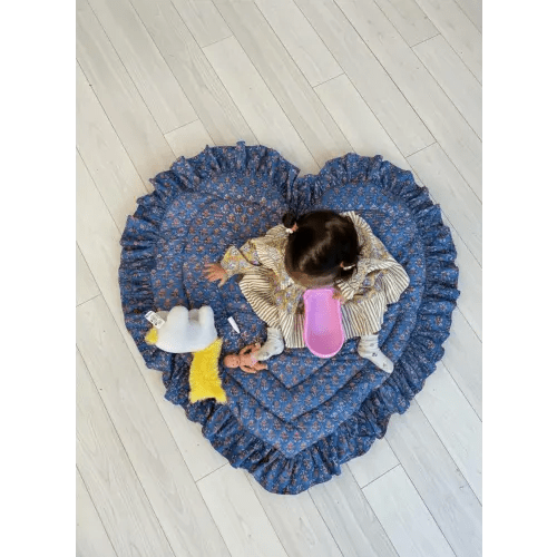 Heart Shaped Baby Play Mat, Vintage Blue Floral Ruffle, Padded Cotton