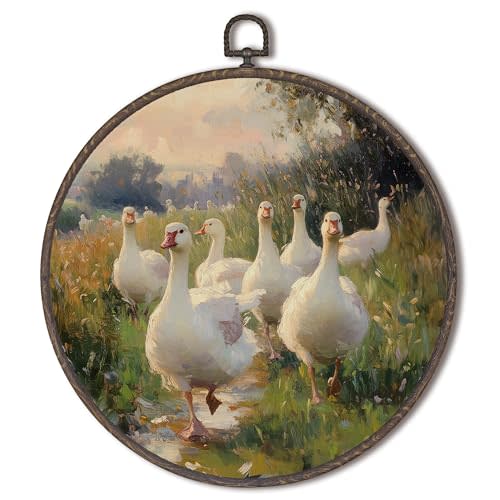 XNXLDYLH Vintage Goose Duck Nursery Round Framed Wall Art Decor, Rustic Farmhouse Farm Country Hanging Wall Decor Decorations, Funny Modern Farmhouse Canvas Prints Wall Art Paintings, 10x10 Inches