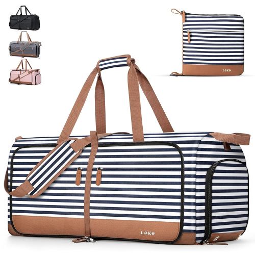 Lekesky Foldable Travel Duffle Bag for Women, Large Duffel Bag with Separate Shoes Compartments & Straps, Carry On Weekend Bag for Women, Hospital, Overnight (Blue Stripe, 150L)