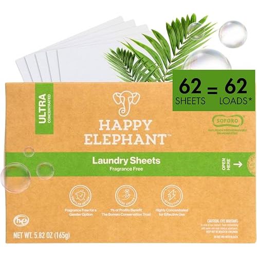 Happy Elephant Laundry Detergent Sheets, Fragrance Free, Natural Biodegradable Laundry Sheets, Plant Based, Tough on Stains, Gentle on Skin, Compatible with HE & Any Washing Machine, 62 Sheet, 1 Pack