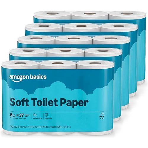 Amazon Basics 2-Ply Soft Toilet Paper, 30 Rolls (5 Packs of 6), 350 Sheets per Roll, Septic Safe, Equivalent to 185 Regular Rolls