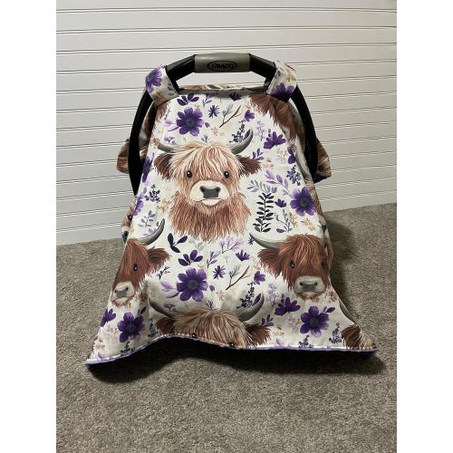 Highland Cow Car Seat Canopy: Farm Floral Nursery Decor, Fluffy Cows