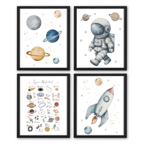 NaZaUK Space Nursery Decor, Space Themed Bedroom Decor, ABC Alphabet Learning Posters Wall Art for Boys Kids Room Nursery Playroom, Wall Art Set of 4, 8x10 Inch (Unframed)
