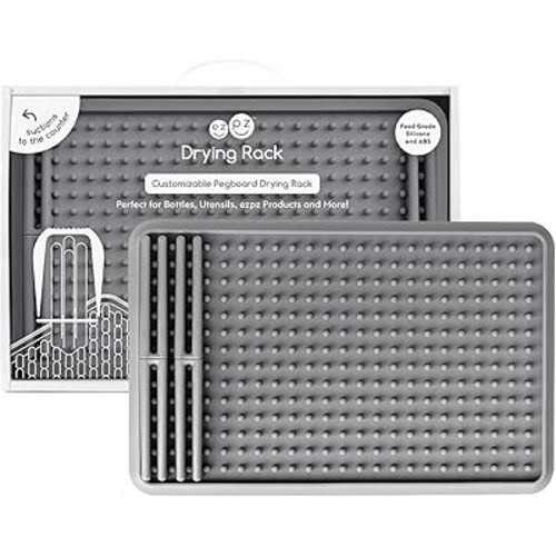 ezpz Drying Rack (Gray) - Silicone Dish Drying Rack with Suction Base - Adjustable Pegs - Odor-Resistant - Dry + Store Baby/Toddler Gear