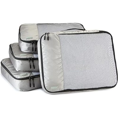 Amazon Basics 4 Piece Packing Cubes Travel Organizer Set with Double Zipper, Mesh Top, Large, Gray