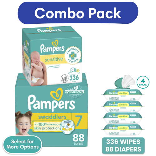 Pampers Swaddlers Diapers, Size 7, 88 Count and Pampers Sensitive Baby Wipes Unscented, 4 Pack, 336 Total Count