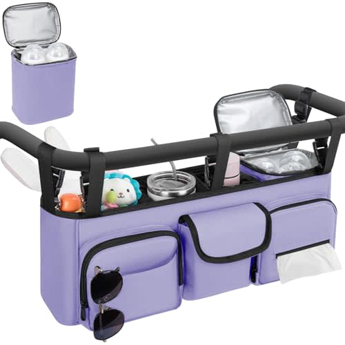 Double Stroller Organizer Compatible with Bob Duallie, with Cooler Bag | Double Baby Stroller Accessories Compatible with Baby Jogger City Mini GT2, Parent Console Double Stroller Caddy, Purple