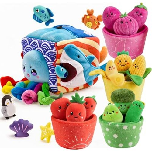 Baby Toys 6-12 Months – Montessori Sensory Set with Mystery Soft Box & 5 Plush Marine Animals + 16 PCS Fruit & Veggie Color Sorting Toys with Rattle & Crinkle, Learning Gifts for 1-3 Year Old Boys Gir