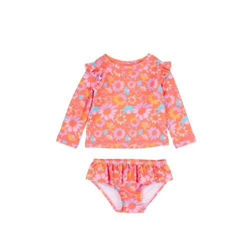 Baby/Toddler Girls UPF50+ Sun Protected Skirted Flutter Long Sleeve Rash Guard Bikini, 12-18M