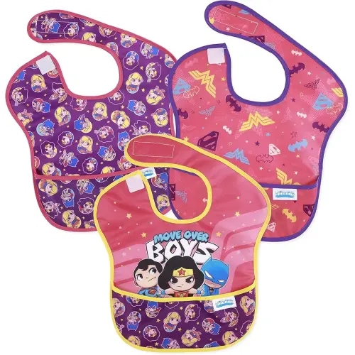 Bumkins Bibs for Girl or Boy, SuperBib Baby and Toddler 6-24 Months, Essential Must Have for Eating, Feeding, Baby Led Weaning Supplies, Mess Saving Catch Food, Fabric, 3-pk DC Comics Move Over Boys