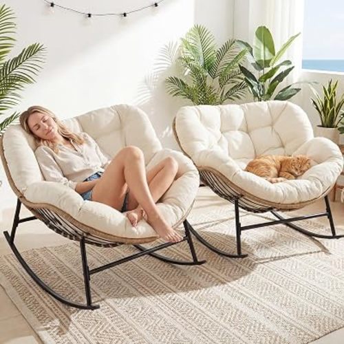 BULEXYARD Oversized Rocking Egg Chair Indoor Outdoor, Wicker Royal Papasan Rocking Chair with Beige Thick Cushion, 450 Lbs Heavy Duty Comfy Recliner Lounge Rocker for Balcony, Porch, Backyard, Lawn