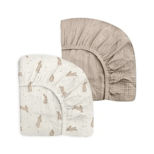 Crib Sheets for Baby Boy Girl 2 Pack, Fitted Crib Mattress Sheet 28" x 52", Muslin Toddler Bedding with Neutral Style, Nursery Bedding Essentials (Hopping Bunnies & Beige)
