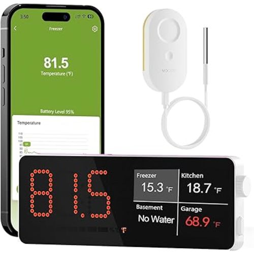 MOCREO WiFi Refrigerator Thermometer, Remote Email & App Alert, 2 Years Data Export, 1 Smart Temperature Sensor Frezzer Alarm with Digital Monitor Hub for Home, Kitchen, Fridge