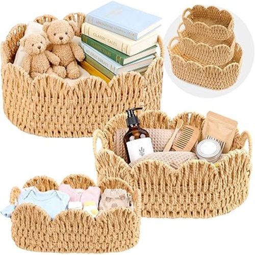 Wicker Scalloped Basket Set of 3 Large Wicker Storage Baskets with Hand, Hand-Woven Paper Rope Storage Baskets for Living Room, Bedroom, Towels, Books