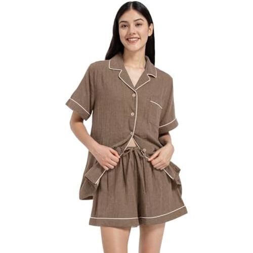Womens Muslin Pajama Set 100% Cotton Double Gauze Linen Like Breathable Soft Button Up Loungewear Sleepwear PJ Set