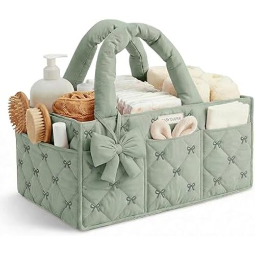 Diaper Caddy Organizer, Stylish Nursery Storage Basket, Gift for Baby Shower, Newborn Essentials, Registry Search Must Haves, Sage Quilted Heart