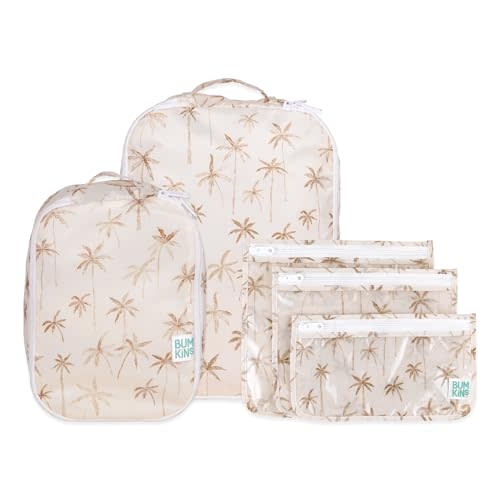 Bumkins Packing Cubes and TSA Approved Pouches for Travel Bag, Organize Luggage with Compression Bags, Essential Traveling Accessories to Pack Clothes, Toiletries Carry On Suitcase, 5-pc Palm Trees