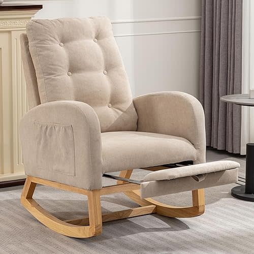 NIOIIKIT Rocking Chair Nursery, Linen Upholstered Glider Chair with Footstool, Tufted Rocker Recliner Chair with Side Pocket, Comfy Glider Accent Chair for Living Room (Cream Linen)