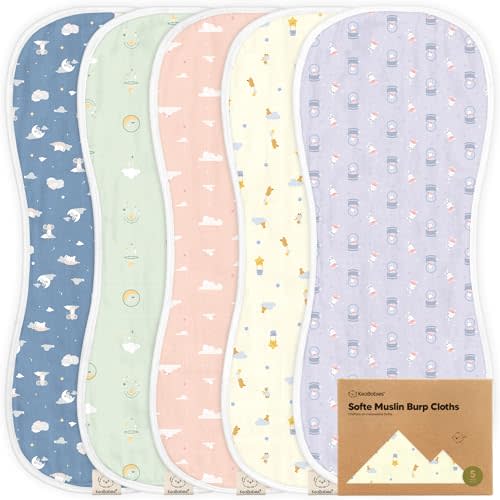 5-Pack Muslin Burp Cloths Baby Boy, Girl, Soft Absorbent Rags, Dreamers | 8-Layers Cotton & Viscose Derived from Bamboo, 21x10 Baby Burp Cloth, Muslin Towel, Spit Up Rags, No Shrink Washcloths