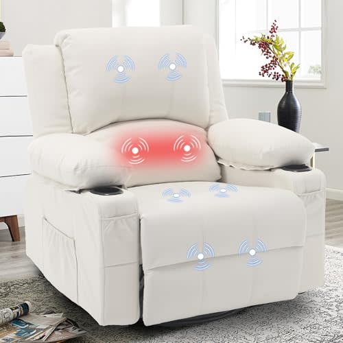 Massage Swivel Rocker Recliner with Lumbar Heat, Overstuffed PU Leather Recliners for Living Room, Modern Single Rocking Chair for Adults, Manual Rocker Recliner with Cup Holders for Bedroom, White