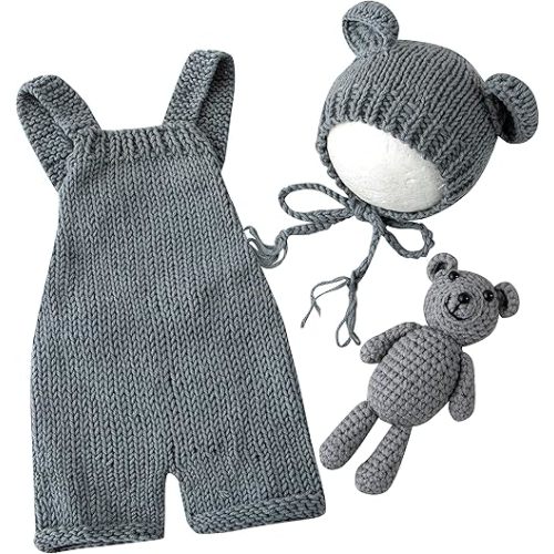 Vemonllas Newborn Photography Props Boys Girls Outfits Baby Photo Props Knit Bear Hat Romper Photoshoot Costume Set