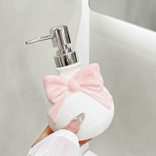 Cute Ceramic Pump Bottle with Bow, Refillable for Hand Soap, Dish Soap, Lotion or Shampoo – Bathroom & Kitchen Use