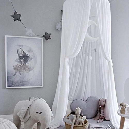 Kids Bed Canopy with Ruffles, Pastel Neutral Color for Boys & Girls, Frilled Cotton Tent Nursery Room Baby Crib Hanging Curtain Mosquito Netting Children Reading Nook Decoration (White)