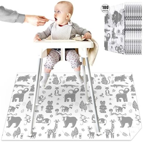 100 Pack 28"x47" Disposable Floor Splat Mats for Under High Chair with Animals Print, Waterproof Plastic Floor Mat Multipurpose Baby Led Weaning Supplies(Forest Animal)