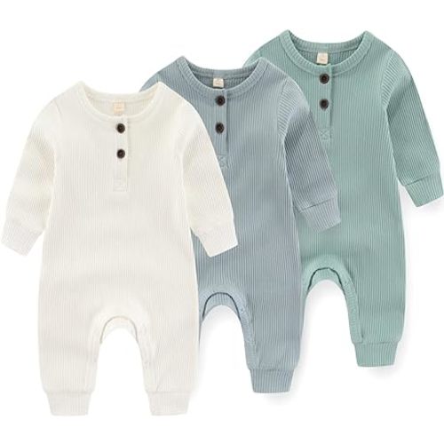 IADOER Newborn Baby Boys Girls One Piece Romper With Mitten Cuffs 3 Pack Long Sleeve Ribbed Button Jumpsuit Outfit Clothes