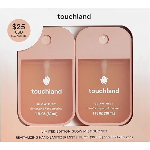 Touchland Limited Edition Glow Mist Duo Set, Revitalizing Hand Sanitizer Spray, Rosewater scented, 1FL. OZ. Travel Size (Set of 2)