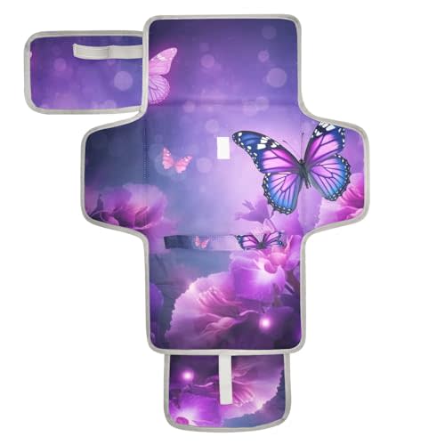 Portable Changing Pad for Baby - Purple Butterfly Waterproof Diaper Changing Mat Travel Changing Pad with Built-in Pillow - Shower Gift for Baby