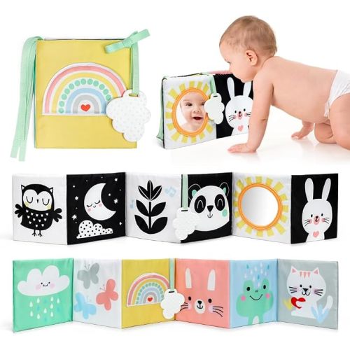 OKOOKO Livre de bébé noir et blanc à contraste élevé Jouet pour bébé de 0-6 mois Livre doux pour bébé Temps sur le ventre Jouet de poussette et berceau Jouet sensoriel Montessori Éducation précoce