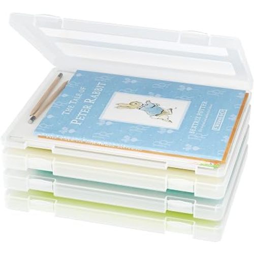 4-Pack A4 Plastic Paper Organizer Box, Scrapbook Storage for 8.5” x 11” Letter Papers, Portable Document Holder, Photo Storage Box Sticker Art Supplies Organizers, 12” x 9” Inner Size