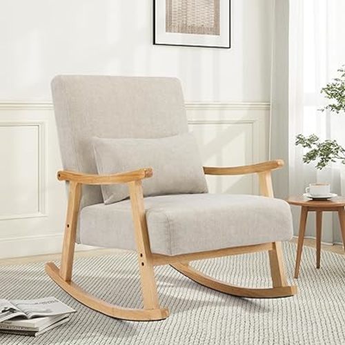 Rocking Chair for Nursery with Lumbar Pillow, Upholstered Accent Chair with Solid Rubberwood Frame, Living Room & Bedroom, Cozy Reading Chair for Small Spaces, Lightgrey