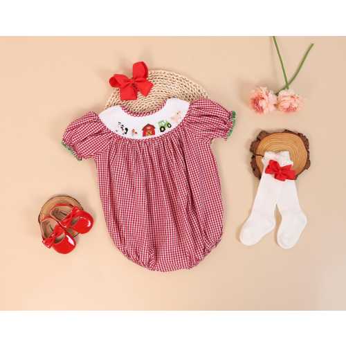 Hand Smocked Farm Themed Bubble,Smocked Floral Bubble in Fall,Birthday Farmer Romper Bubble,Smocked Romper, Farm First Birthday,Farmer Theme