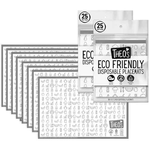 THEO'S 50 Pack Stick on Disposable Table Mats for Kids & Baby Led Weaning | Large 12" x 18" Restaurant Placemats in Re-usable Travel Pouch